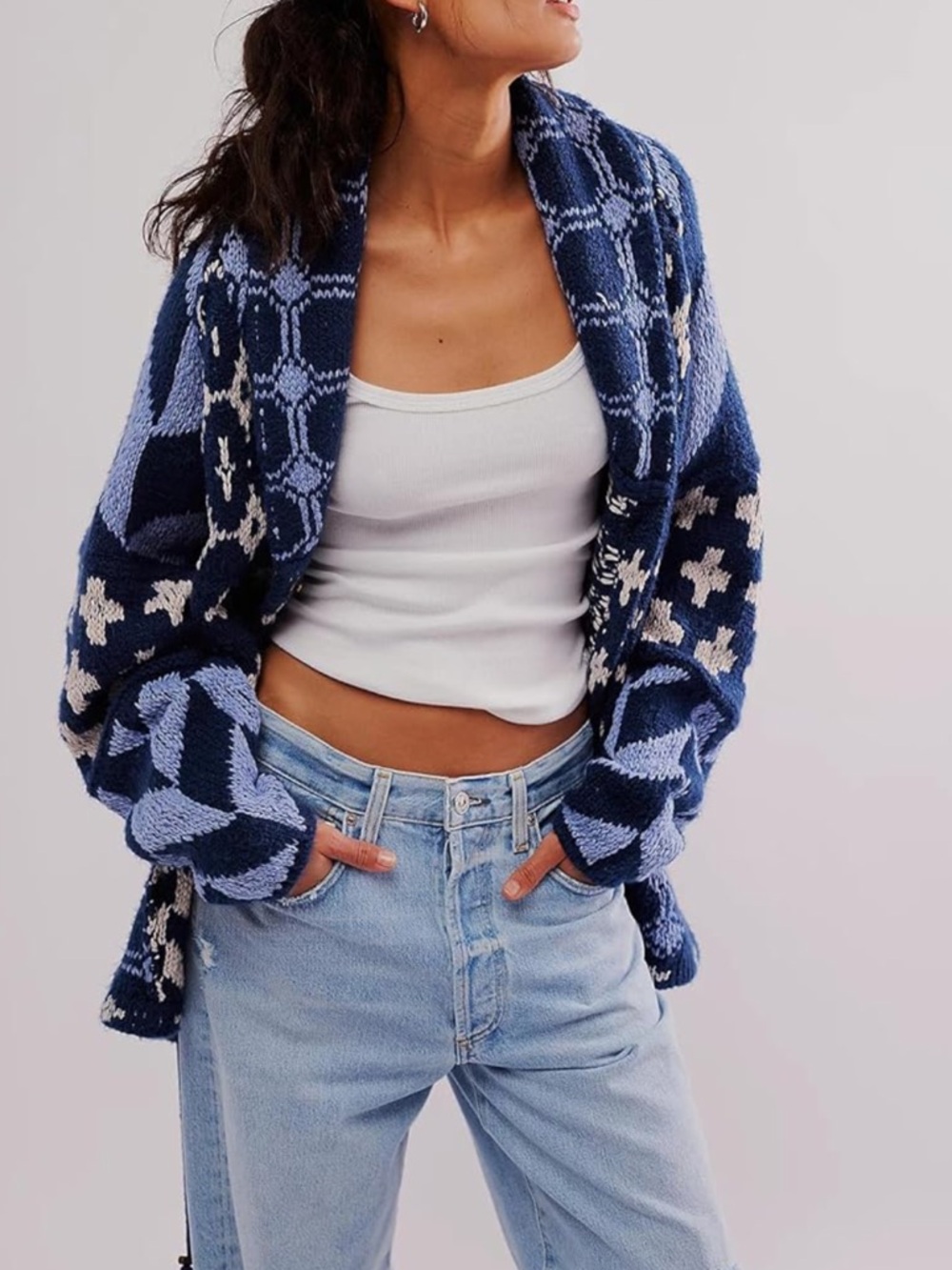 NWOT Navy & Light Blue Patterned Knit Hooded Cardigan Sweater One Size